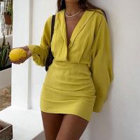 Polyester High Waist Sexy Package Hip Dresses deep V Solid yellow PC