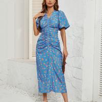 Polyester Waist-controlled One-piece Dress slimming printed blue PC