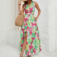 Polyester Waist-controlled & Soft One-piece Dress side slit & off shoulder printed shivering green PC