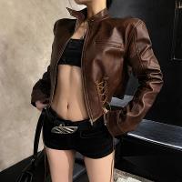 PU Leather & Polyester Two-Piece Dress Set midriff-baring  brown PC