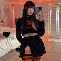 Acrylic Women Sweater Halloween Design & midriff-baring printed Pumpkin Pattern black PC