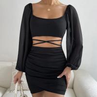 Polyester Plus Size Sexy Package Hip Dresses & hollow patchwork Solid PC