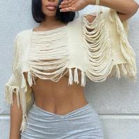 Polyester Ripped Women Short Sleeve Blouses midriff-baring knitted Solid Apricot PC