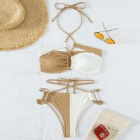Spandex & Polyester Bikini & hollow & padded printed patchwork khaki Set