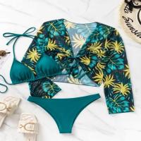 Spandex & Polyester Bikini & three piece & padded printed leaf pattern multi-colored Set