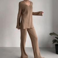 Viscose Fiber Women Casual Set deep V & two piece Long Trousers & top Solid : Set