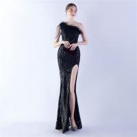 Sequin & Polyester Slim Long Evening Dress side slit & One Shoulder patchwork PC