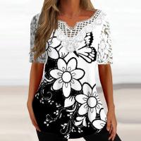 Mixed Fabric Soft Women Short Sleeve T-Shirts & hollow & breathable printed PC