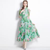 Polyester Waist-controlled One-piece Dress large hem design & double layer printed floral green PC