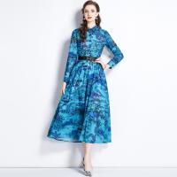 Polyester Slim & long style One-piece Dress large hem design printed Plant blue PC