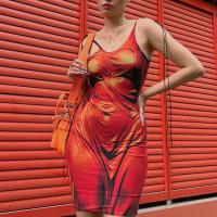Polyester Slip Kleid, Gedruckt, abstraktes Muster, Rot,  Stück