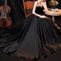 Satin Slim Long Evening Dress & tube patchwork Solid black PC