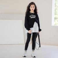 Spandex & Polyester & Cotton Girl Clothing irregular & two piece Sweatshirt & Pants printed letter white and black Set