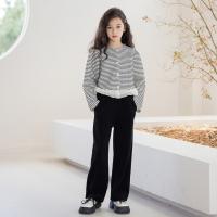 Knitted & Polyester Girl Clothes Set & two piece & loose Pants & coat striped black Set