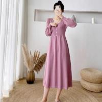 Core-spun Yarn A-line & High Waist Autumn and Winter Dress slimming Solid PC