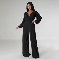 Polyester Wide Leg Trousers Long Jumpsuit slimming & deep V Solid PC
