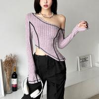 Polyester Waist-controlled Women Long Sleeve Blouses & One Shoulder Solid purple PC