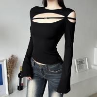 Polyester Waist-controlled Women Long Sleeve Shirt & off shoulder & hollow Solid black PC