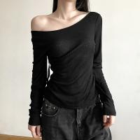 Polyester Frauen Langarm T-shirt, Solide, Schwarz,  Stück