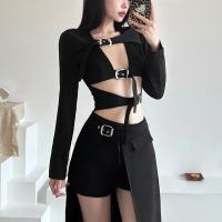 Polyester Women Coat midriff-baring & hollow Solid black PC