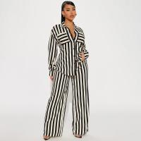 Polyester Wide Leg Trousers Women Casual Set & two piece & loose striped black Set