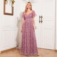 Polyester Waist-controlled & Slim Long Evening Dress embroidered purple-pink PC