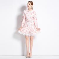 Polyester lace & Waist-controlled One-piece Dress slimming printed floral pink PC