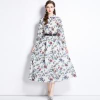 Polyester Waist-controlled One-piece Dress slimming & with belt printed floral white PC