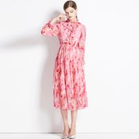 Polyester Waist-controlled & Soft One-piece Dress slimming printed floral pink PC