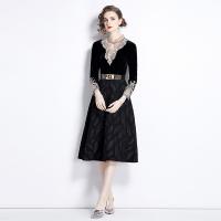 Lace & Polyester Waist-controlled & Slim One-piece Dress & knee-length jacquard Solid black PC