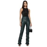 PU Leather bell-bottom & Middle Waist Women Long Trousers & skinny Solid PC