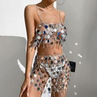 Acrylic Acid Slim Two-Piece Dress Set midriff-baring & hollow patchwork Solid silver : Set