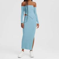 Polyester Slim Two-Piece Dress Set side slit & backless & off shoulder Solid blue Set
