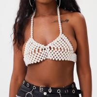 Plastic Pearl Sleeveless Nightclub Top midriff-baring & backless patchwork Solid white : PC