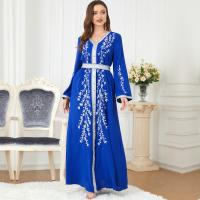Polyester Waist-controlled Middle Eastern Islamic Muslim Dress large hem design & floor-length printed blue PC