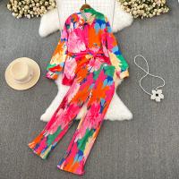 Polyester Wide Leg Trousers & High Waist Women Casual Set two piece & loose Long Trousers & top Tie-dye floral : Set