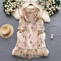 Acrylic Waist-controlled One-piece Dress mid-long style & slimming embroidered floral Apricot PC