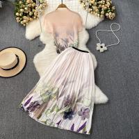 Acrylic Women Casual Set mid-long style & flexible & slimming & two piece skirt & top printed floral Set