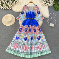 Acrylic Waist-controlled & Pleated One-piece Dress large hem design & mid-long style & slimming printed floral mixed colors : PC