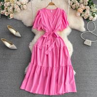 Mixed Fabric Waist-controlled & Soft One-piece Dress large hem design & mid-long style & slimming Solid : PC