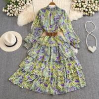 Polyester Waist-controlled & Soft & Flounce One-piece Dress printed shivering : PC