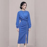 Polyester Slim Two-Piece Dress Set side slit & two piece blue Set
