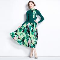 Polyester Slim One-piece Dress printed floral green PC