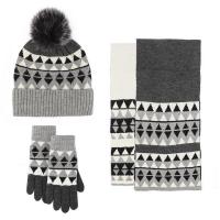 Mixed Fabric & Wool Glove Scarf Hat Set with fur ball & three piece & thermal jacquard geometric : Set
