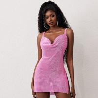 Metal & Rhinestone Slim Backless Dress side slit iron-on pink PC