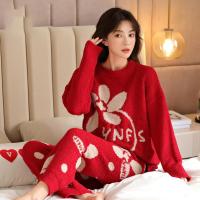 Polyester Women Pajama Set thicken & two piece & thermal floral red Set