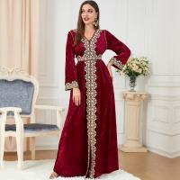 Polyester Waist-controlled & Slim Middle Eastern Islamic Muslim Dress & floor-length embroidered red PC