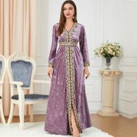 Velour Waist-controlled & Slim & front slit Middle Eastern Islamic Muslim Dress embroidered purple PC
