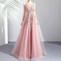 Polyester Waist-controlled & High Waist Long Evening Dress Solid pink PC