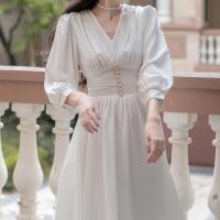Polyester High Waist One-piece Dress deep V Solid white PC